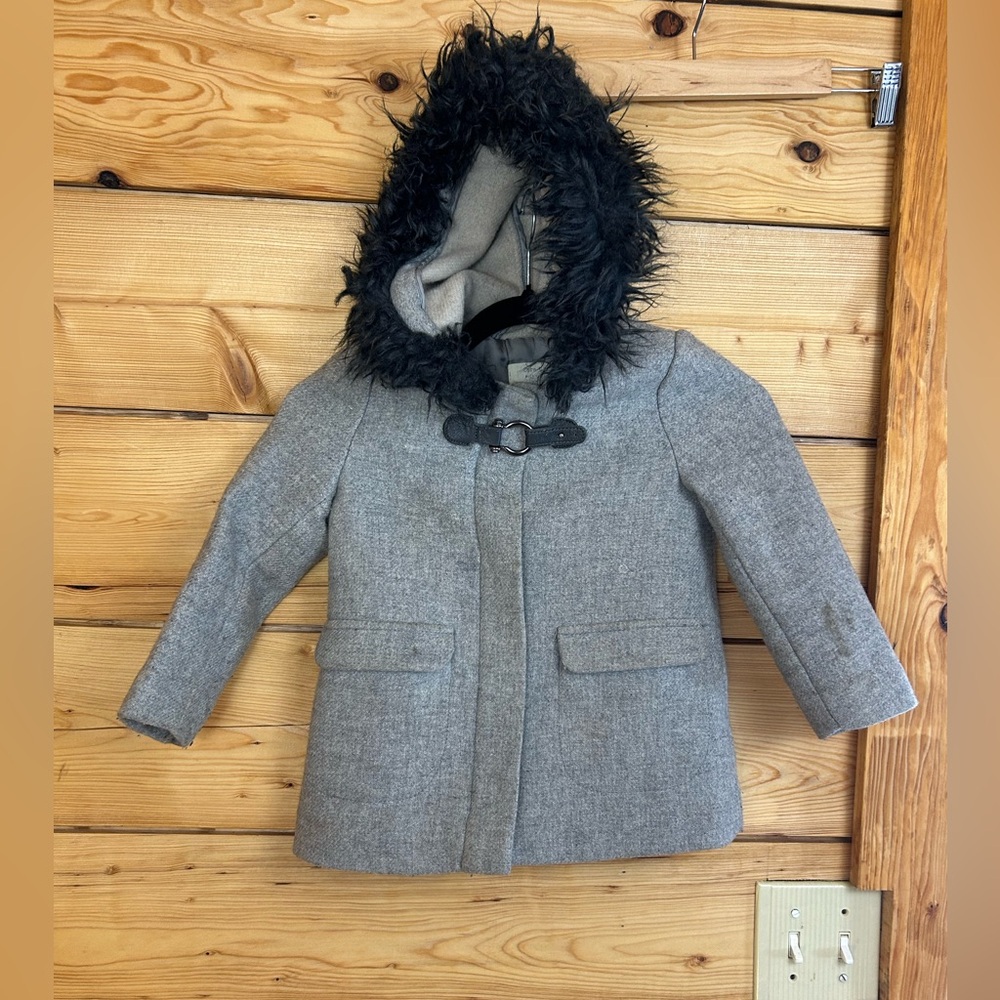 Zara Kids Girls Size 5 Wool Pea Coat Black Faux‎ Fur Hood